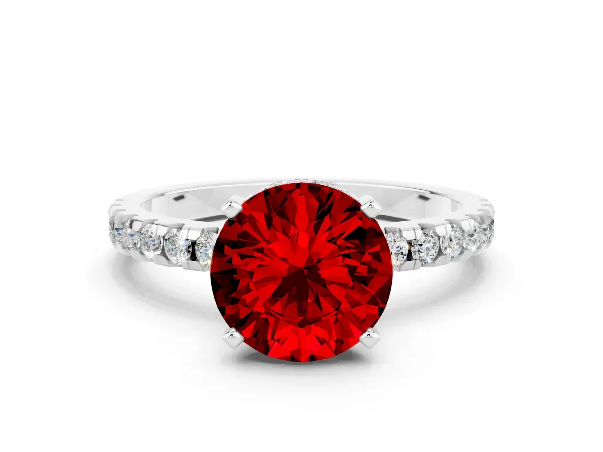 Round Cut Ruby Solitaire Ring with Round Pavé Band and Four-Prong Setting White gold