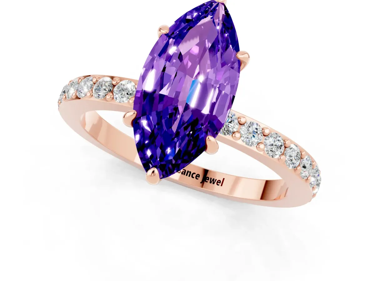 Marquise Cut Tanzanite Solitaire Engagement Ring with Pavé Band and Four-Prong Setting Rose gold