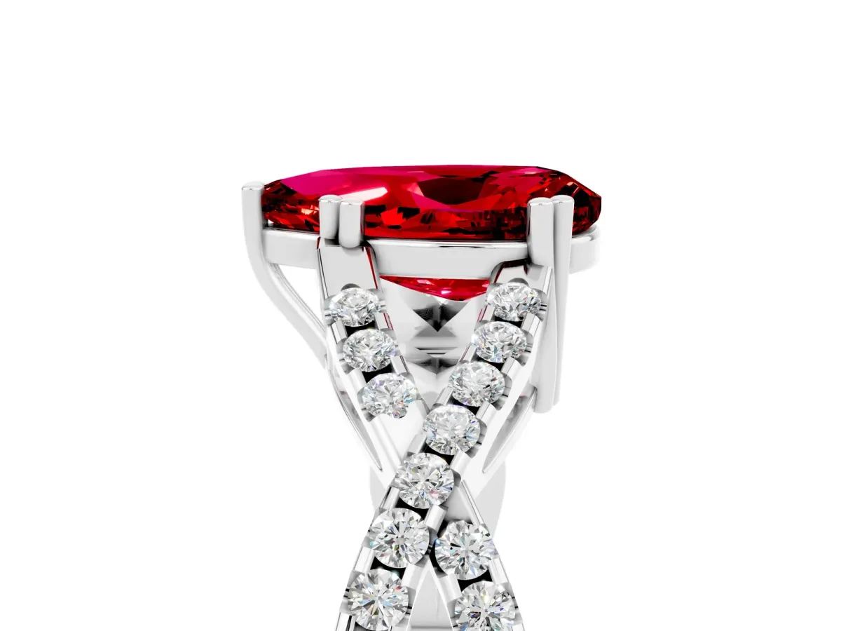 Pear Cut Ruby Solitaire Ring with Four-Prong Setting and Twisted Pavé Band Platinum