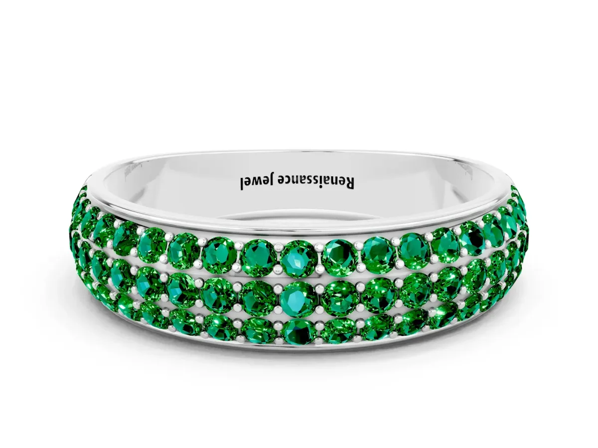 Three-Row Round Emerald Eternity Band with Shared Prong Setting Silver