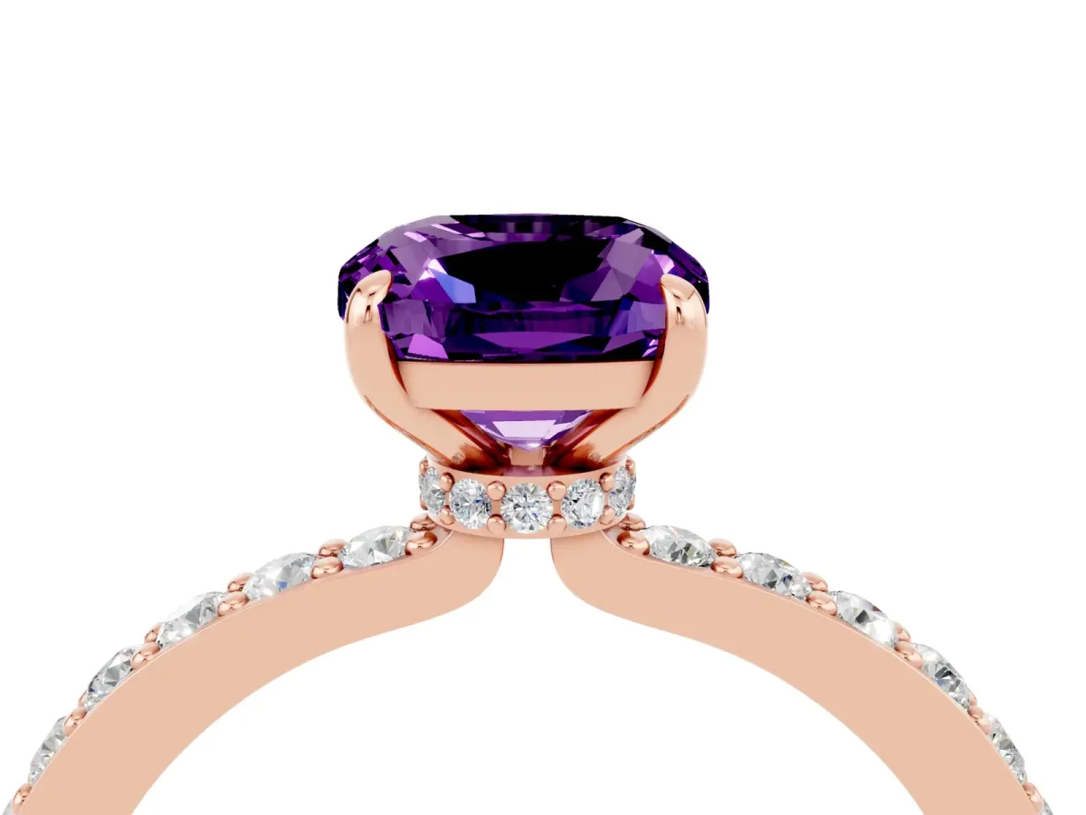 Cushion Cut Amethyst Solitaire Engagement Ring with Pavé Band and Four-Prong Setting Rose gold