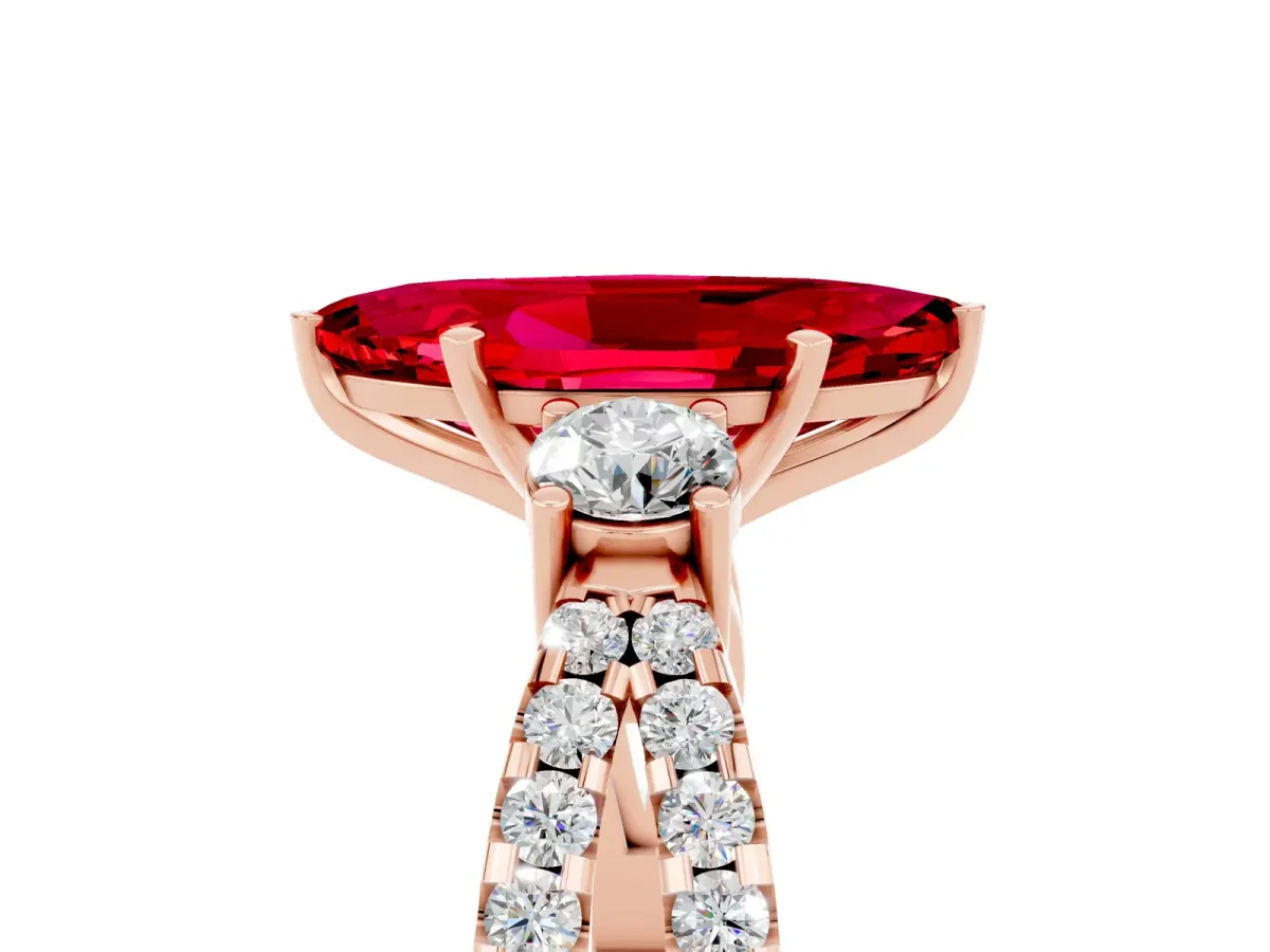 Marquise Cut Ruby Three-Stone Ring with Pavé Split Shank and Four-Prong Setting Rose gold