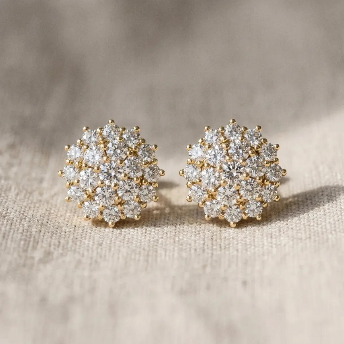 Cluster Diamond Round Stud Earrings with Basket Setting Yellow gold