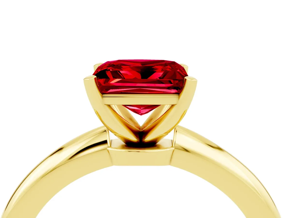 Princess Cut Ruby Solitaire Ring with Six-Prong Setting and Classic Band Yellow gold