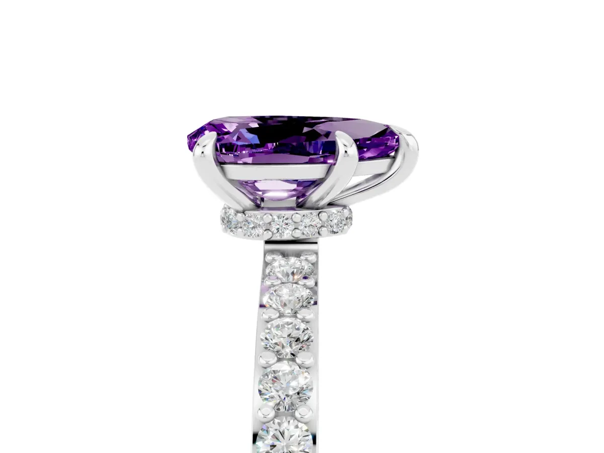 Pear Cut Amethyst Solitaire Engagement Ring with Pavé Band and Four-Prong Setting White gold