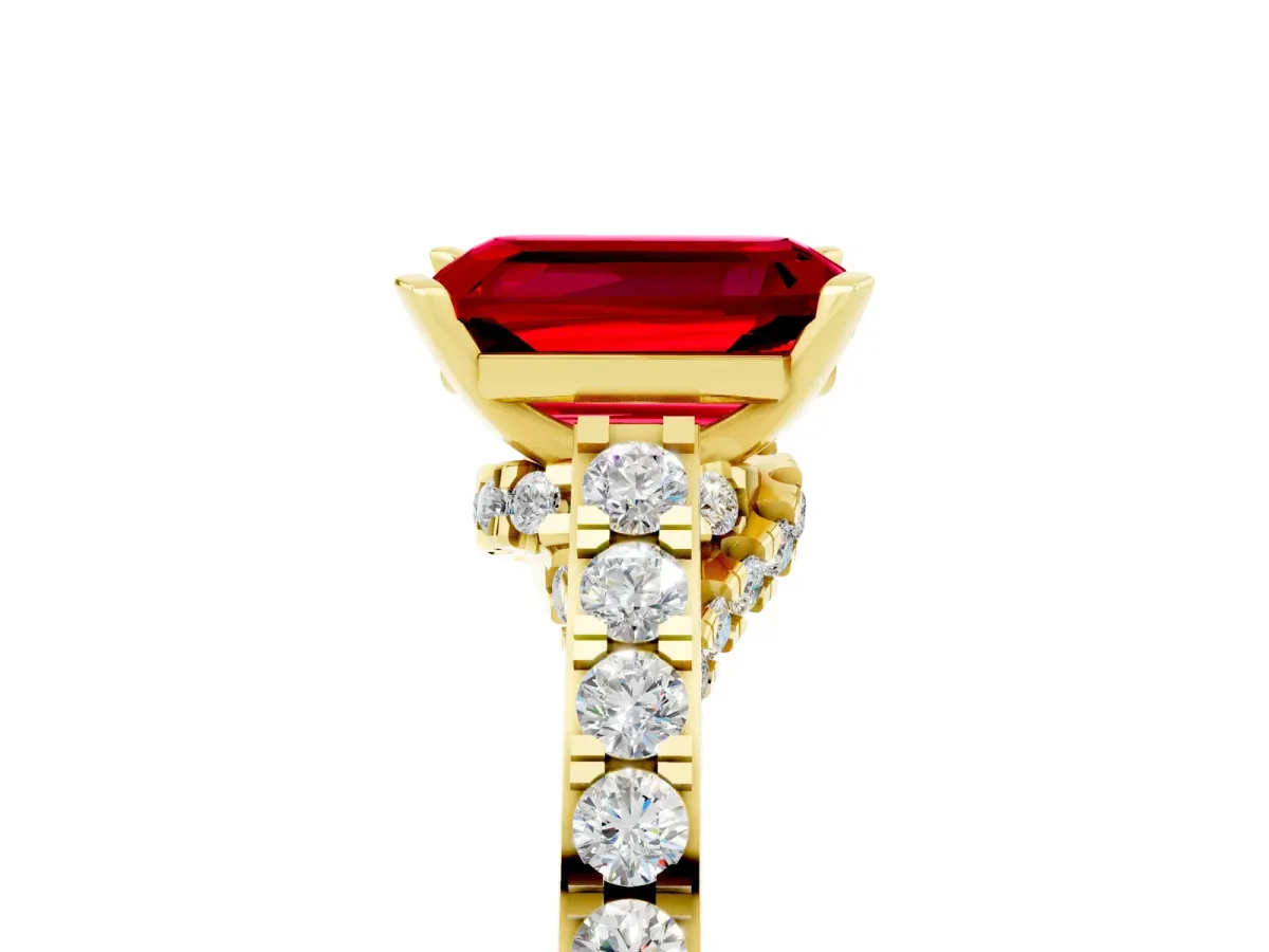 Emerald Cut Ruby Solitaire Ring with Crossover Gallery and Round Pavé Band Yellow gold