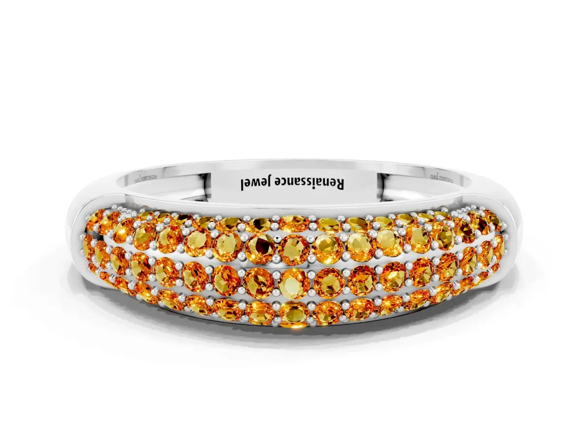 Three-Row Pavé Round Citrine Dome Band Platinum