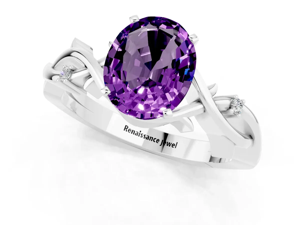 Oval Cut Amethyst Solitaire Ring with Twisted Band and Prong Setting Platinum