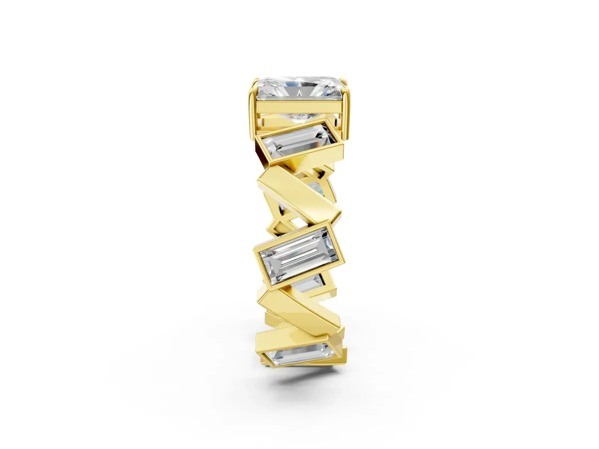 Radiant Diamond Geometric Side Stone Engagement Ring Yellow gold
