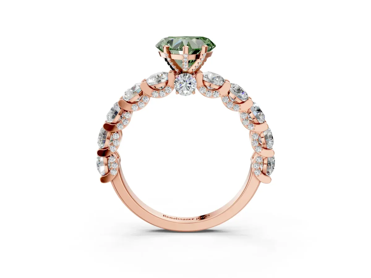 Fancy Green Heart Cut Diamond Side Stone Engagement Ring with Four-Prong Setting Rose gold