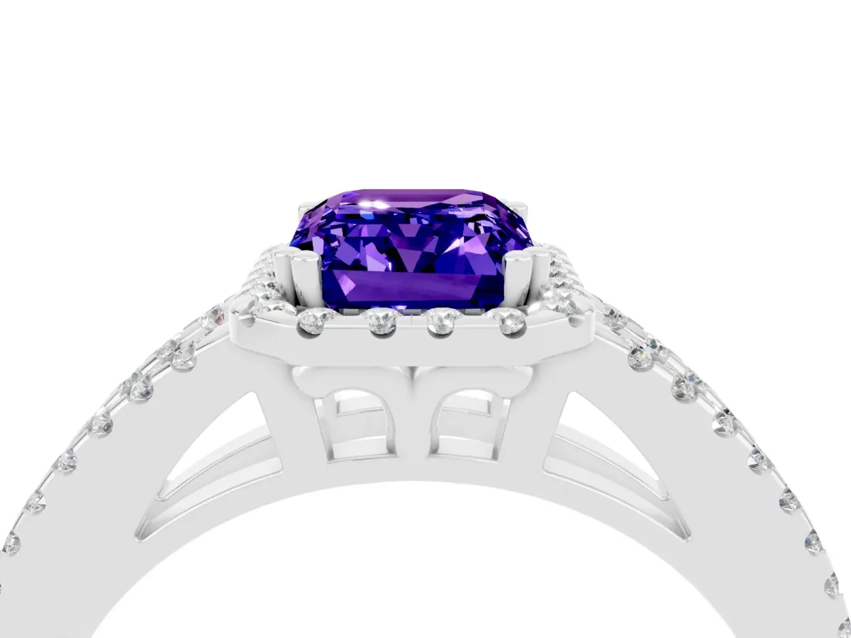 Emerald Cut Tanzanite Halo Split Shank Engagement Ring Platinum