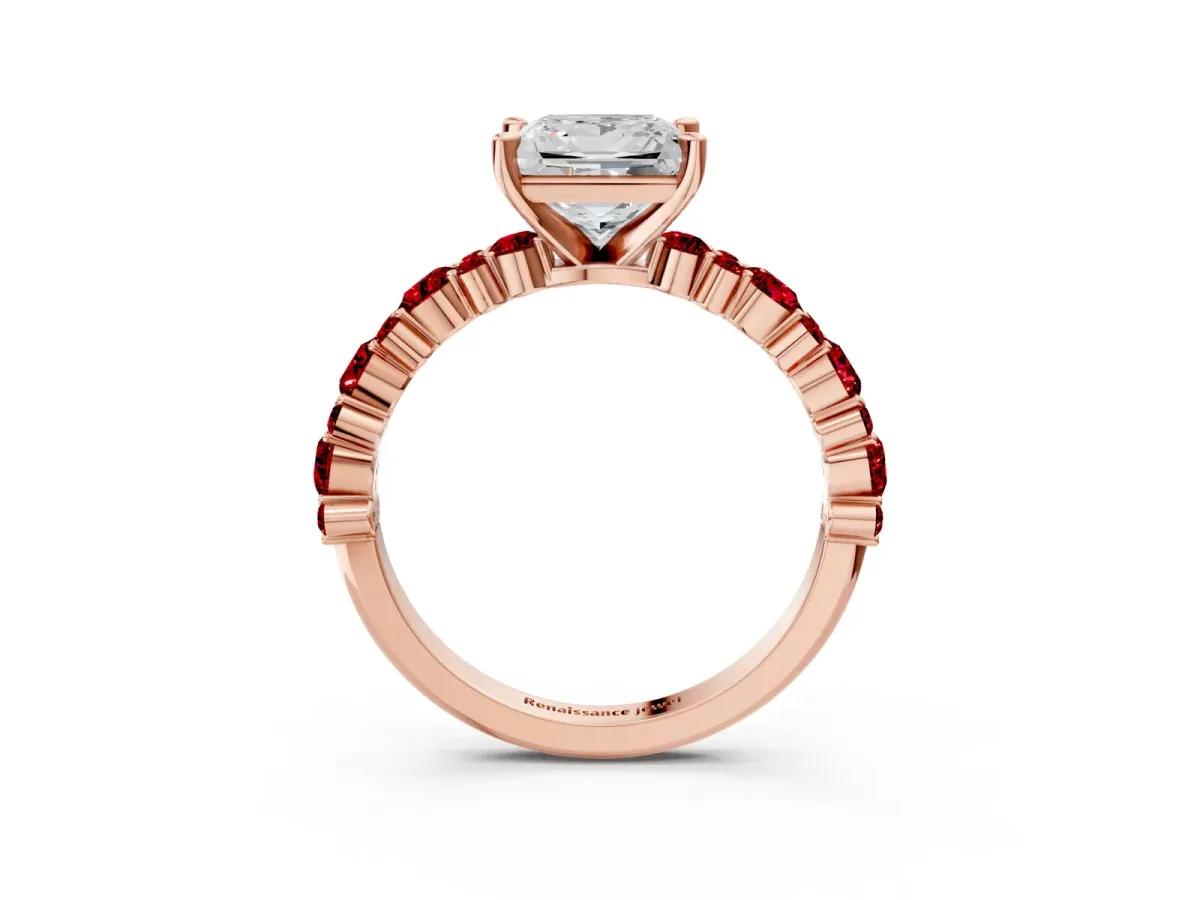 Princess Cut Diamond Side Stone Solitaire Ring with Round Ruby and Four-Prong Setting Rose gold