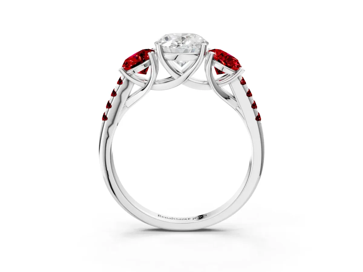 Three-Stone Oval Cut Diamond Ring with Round Ruby Pavé Band and Prong Setting Silver