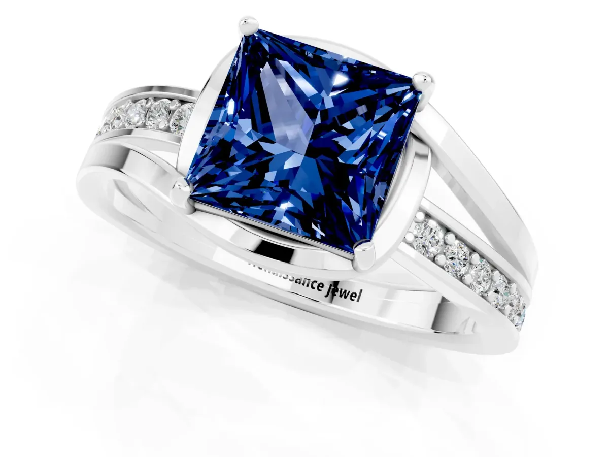 Princess Cut Blue Sapphire Solitaire Ring with Split Shank and Prong Setting Platinum