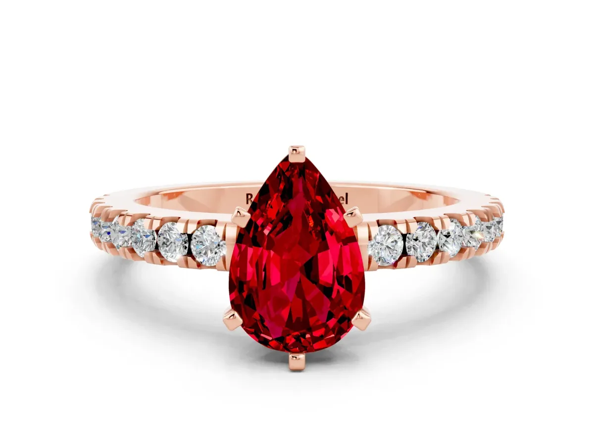 Pear Cut Solitaire Ruby with Pavé Band and Four-Prong Setting Rose gold