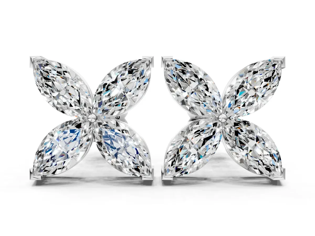 Marquise Cut Diamond Flower Stud Earrings Silver