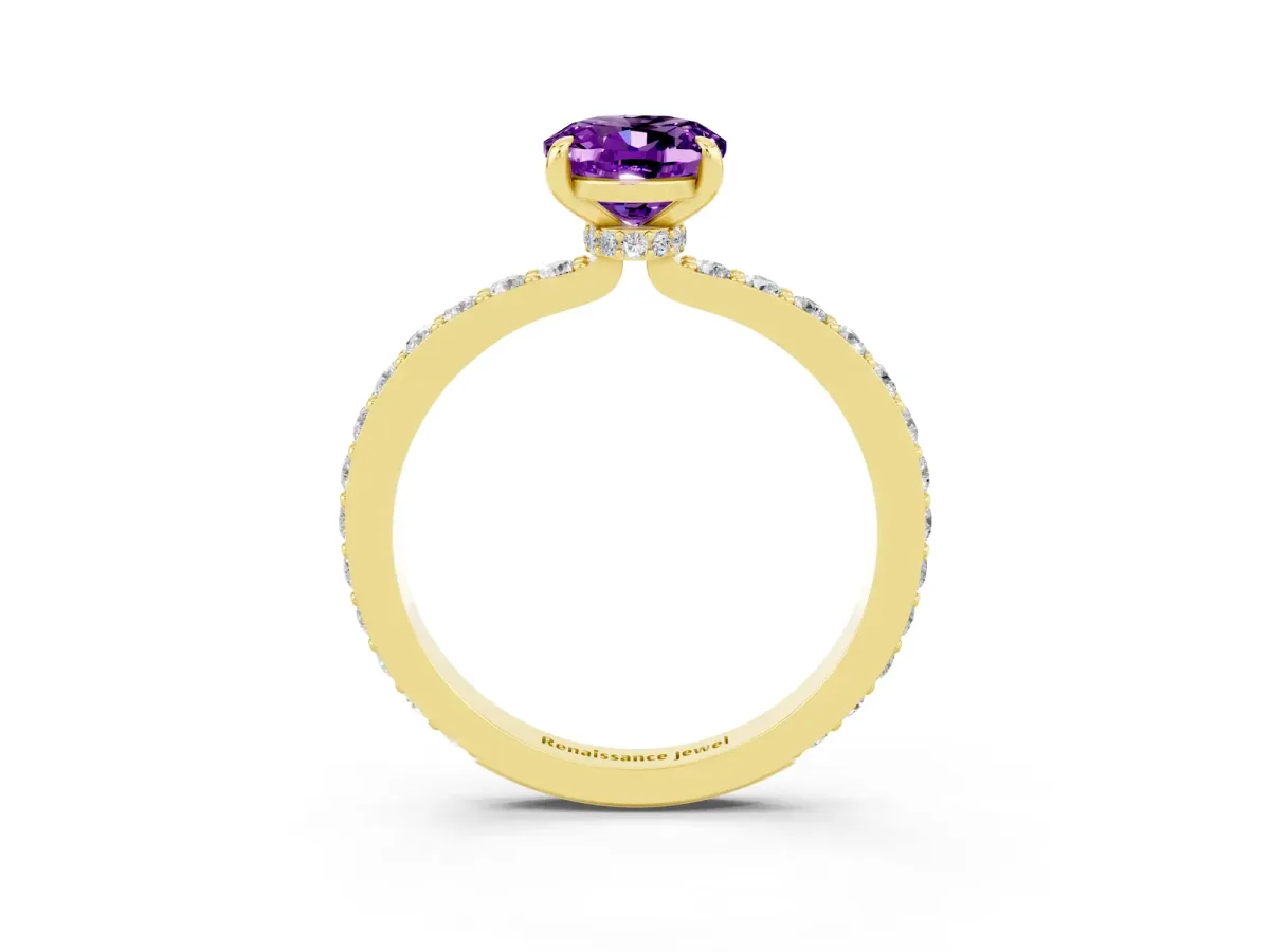 Oval Cut Amethyst Solitaire Engagement Ring with Pavé Band and Four-Prong Setting Yellow gold