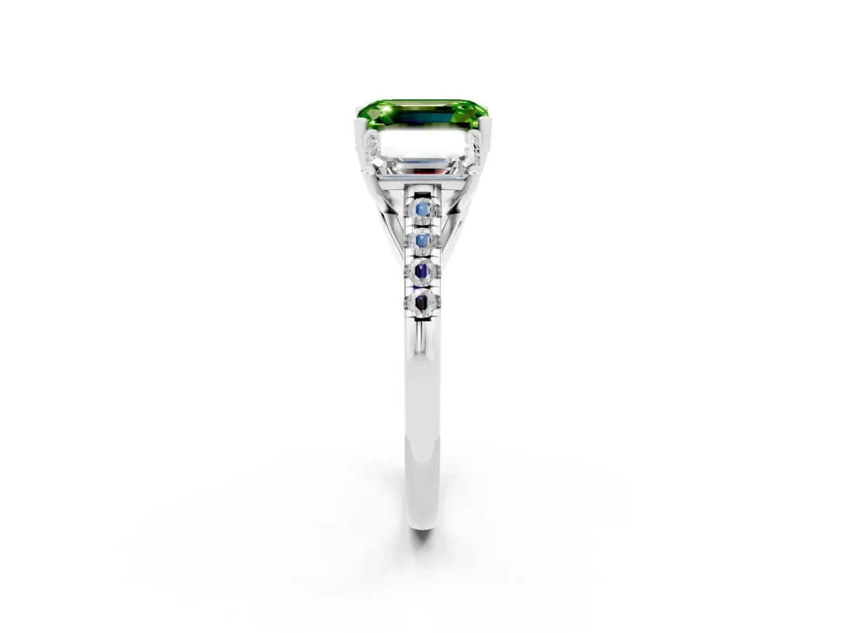 Three-Stone Emerald Cut Peridot Ring with Round Pavé Band and Prong Setting Platinum