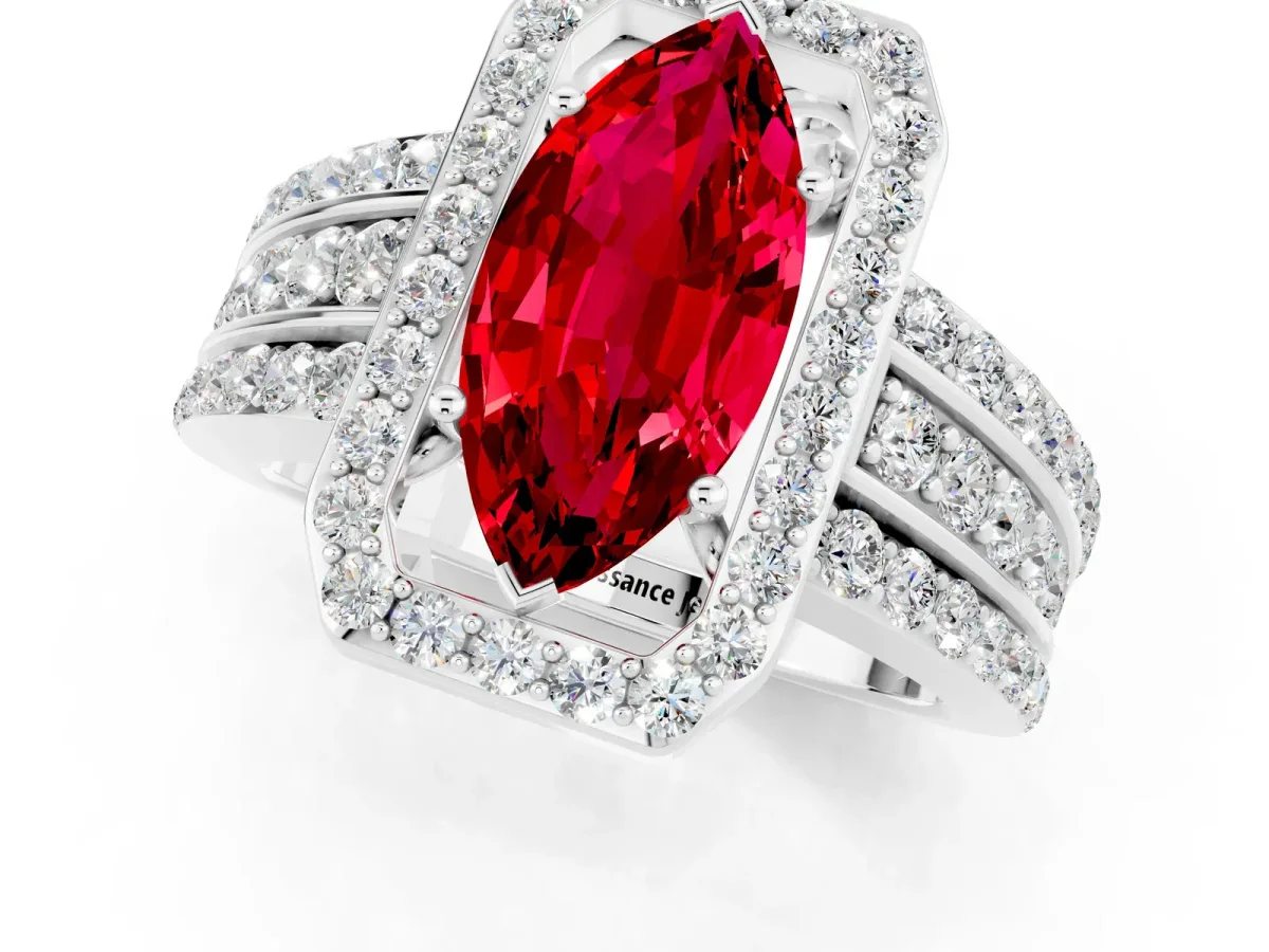 Marquise Cut Halo Ruby Ring with Round Split Shank and Prong Setting Platinum