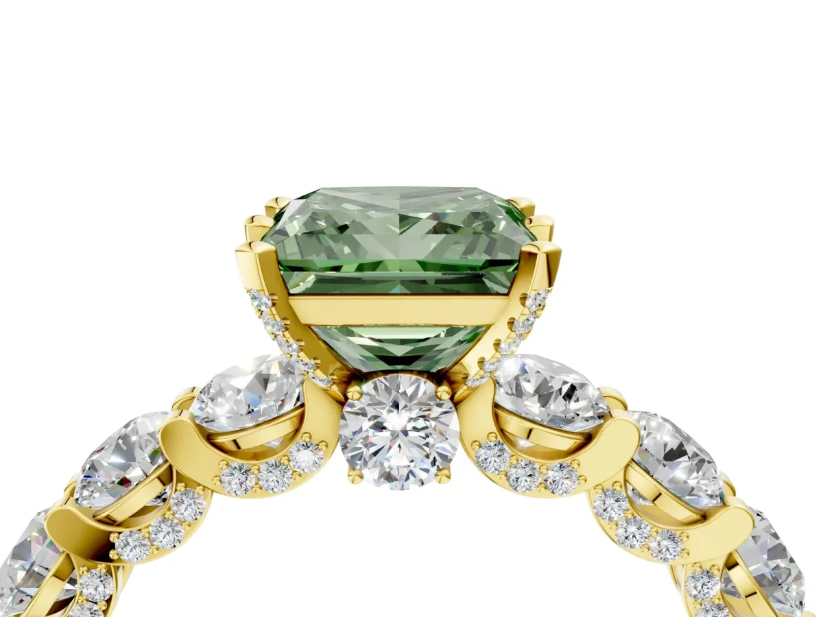 Fancy Green Princess Cut Diamond Side Stone Engagement Ring with Four-Prong Setting Yellow gold
