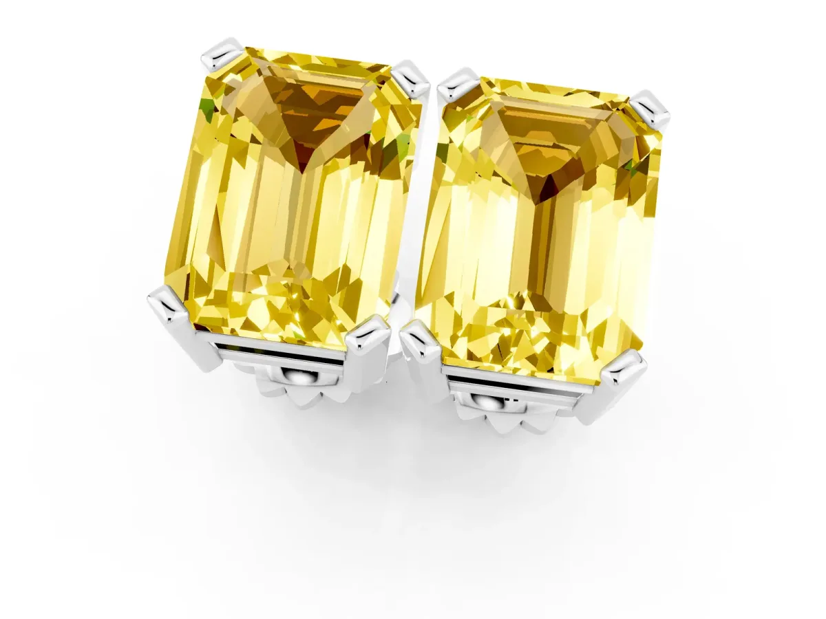 Emerald Cut Yellow Sapphire Stud Earrings Silver