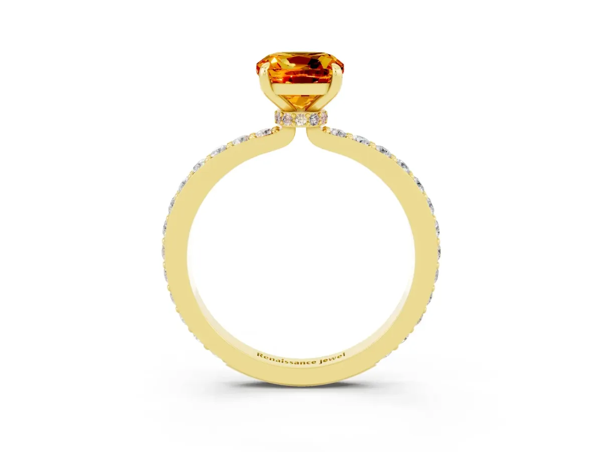 Cushion Cut Citrine Solitaire Engagement Ring with Pavé Band and Four-Prong Setting Yellow gold
