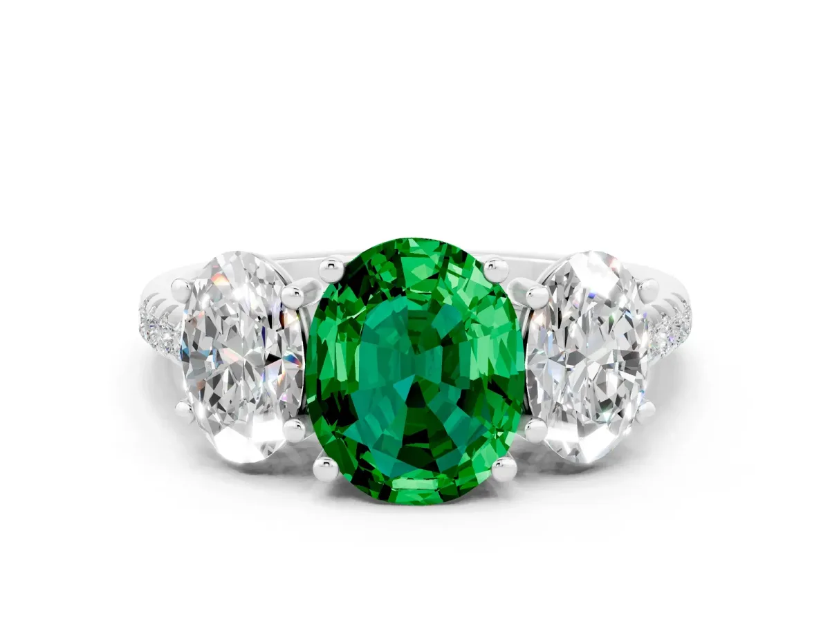 Three-Stone Oval Cut Emerald Ring with Round Pavé Band and Prong Setting Silver