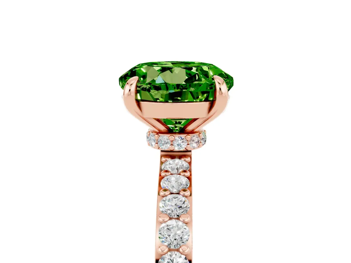 Round Cut Peridot Solitaire Engagement Ring with Pavé Band and Four-Prong Setting Rose gold