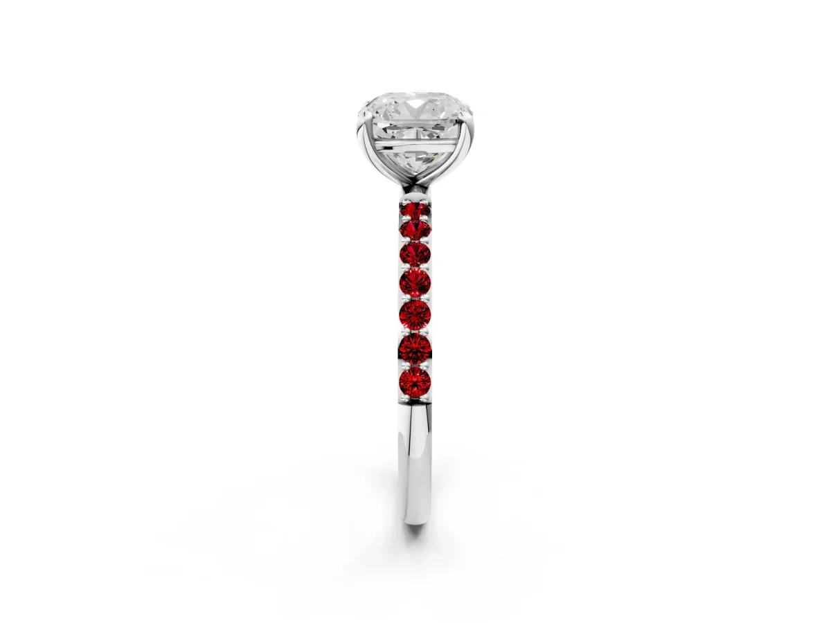 Cushion Cut Diamond Solitaire Ring with Round Ruby Pavé Band and Prong Setting Platinum