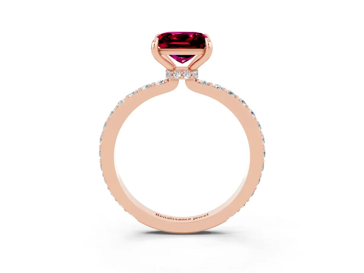 Princess Cut Garnet Solitaire Engagement Ring with Pavé Band and Four-Prong Setting Rose gold