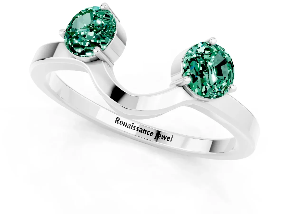 Dual Round Green Sapphire Open Band Ring with Prong Setting Silver