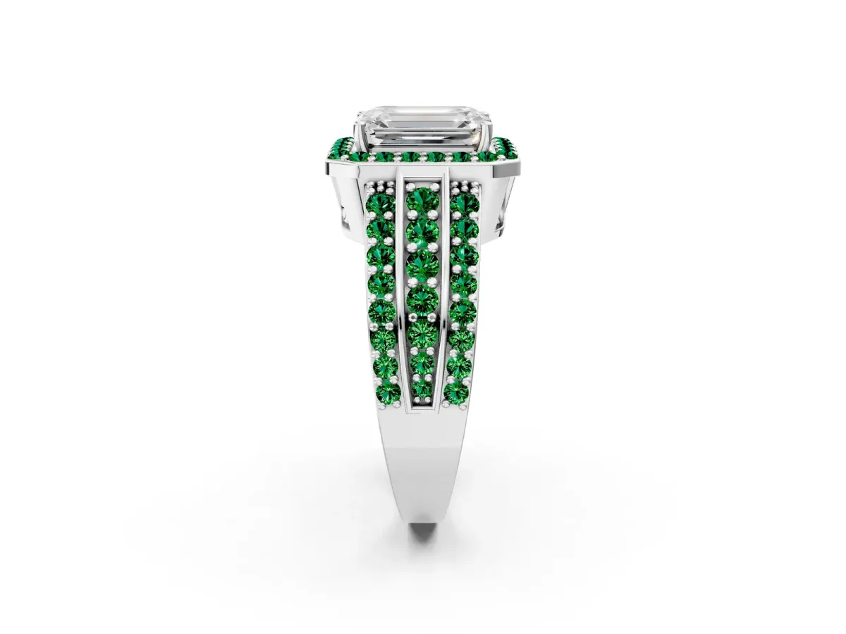 Emerald Cut Halo Diamond Ring with Round Emerald Split Shank and Prong Setting Platinum