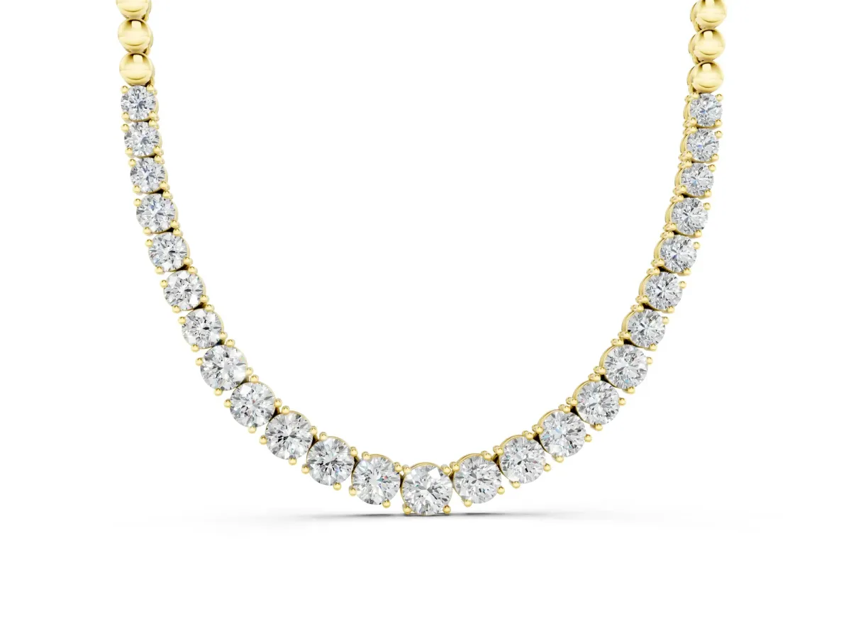 Round Diamond Tennis Necklace with Prong Setting and Bead Chain Yellow gold