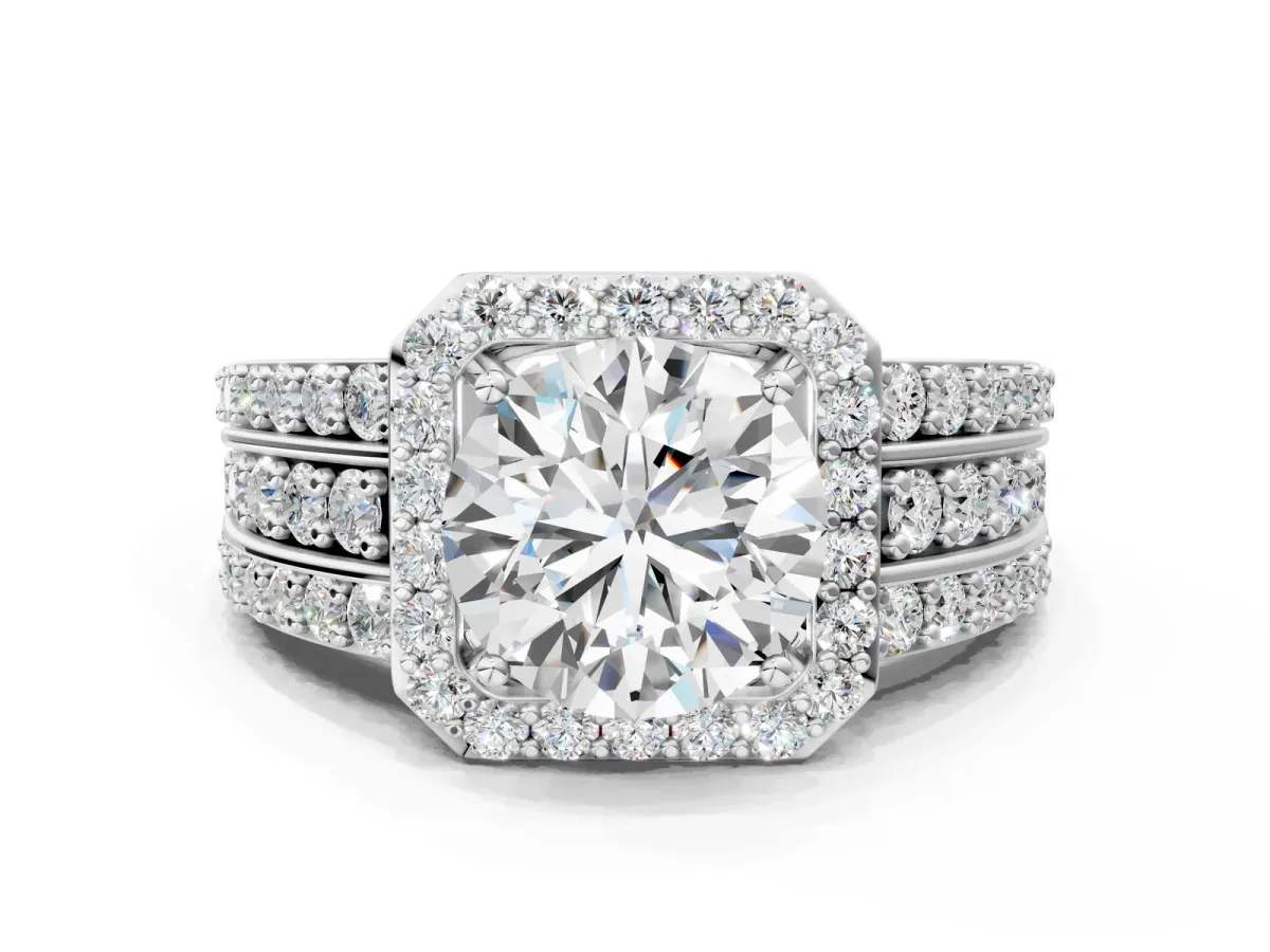 Round Cut Halo Diamond Ring with Round Tanzanite Split Shank and Prong Setting Silver