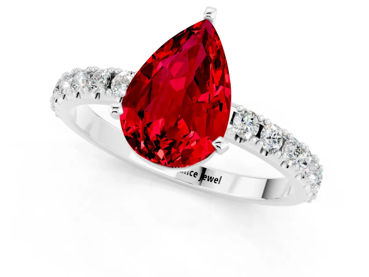 Pear Cut Ruby Solitaire Pavé Band with Four-Prong Setting White gold