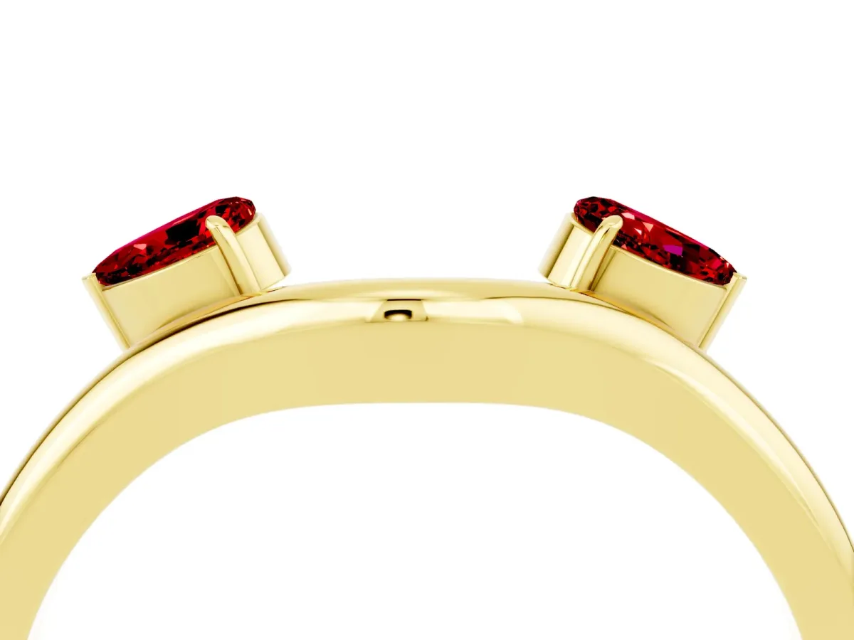 Pear Cut Ruby Two-Stone Open Band Ring with Prong Setting Yellow gold
