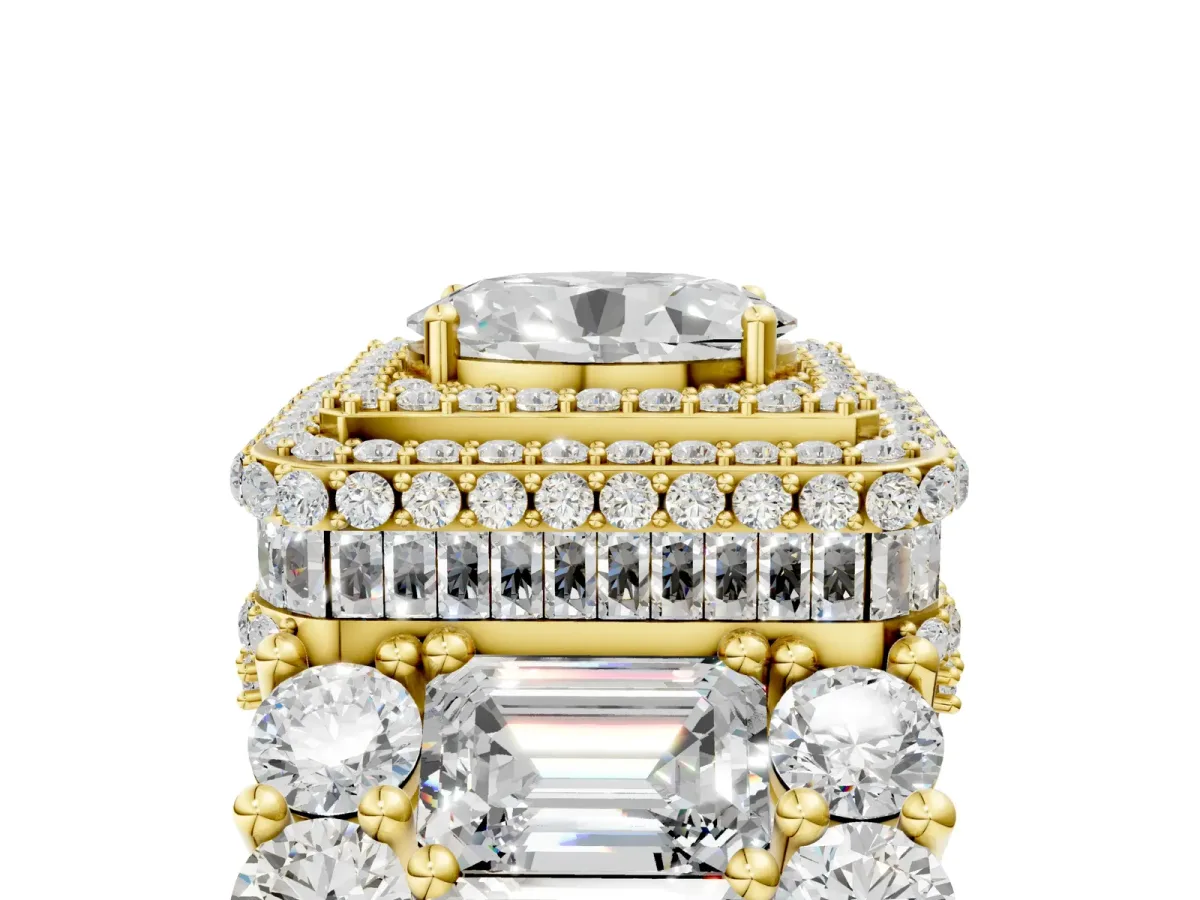 Oval Diamond Halo Mens Ring with Baguette Side Stones Yellow gold