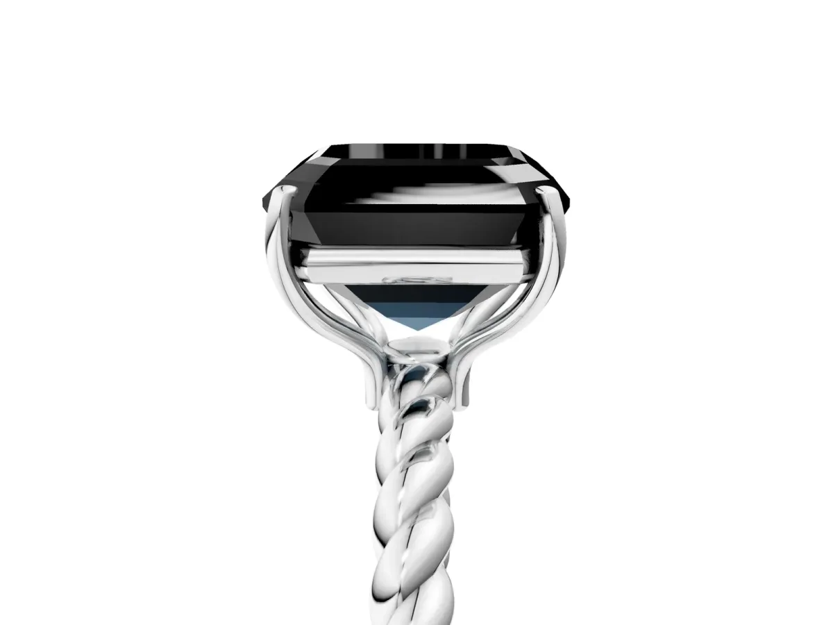 Fancy Black Asscher Cut Solitaire Twisted Band 4-Prong Ring Platinum