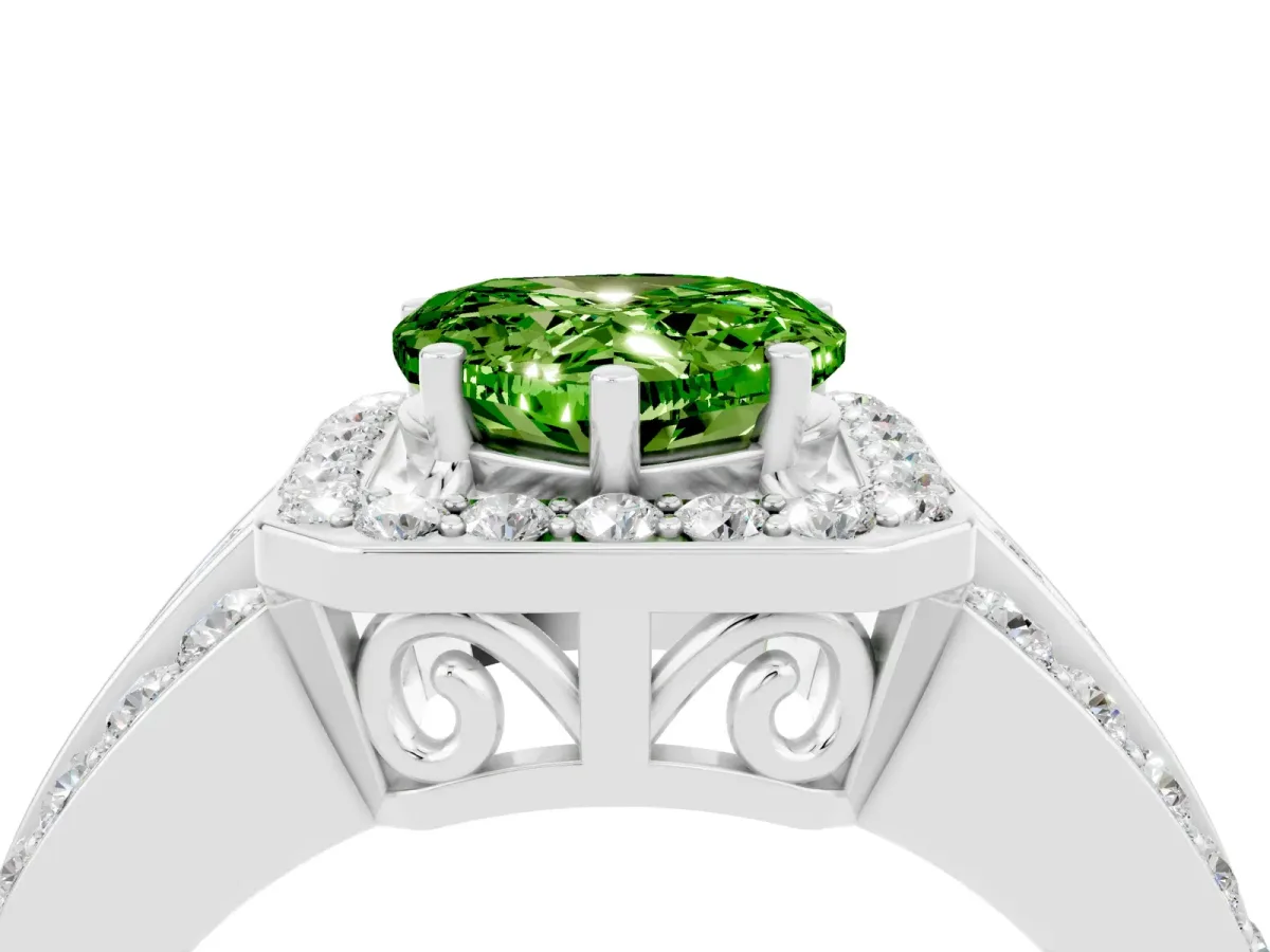 Heart Cut Halo Peridot Ring with Round Split Shank and Prong Setting Silver