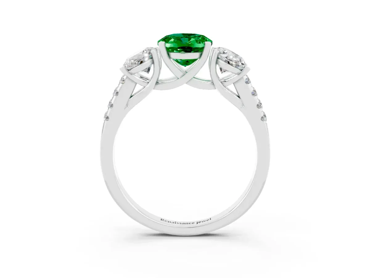 Three-Stone Oval Cut Emerald Ring with Round Pavé Band and Prong Setting Silver