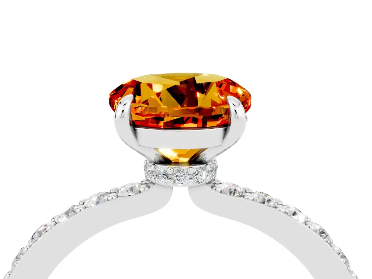 Round Cut Citrine Solitaire Engagement Ring with Pavé Band and Four-Prong Setting Silver