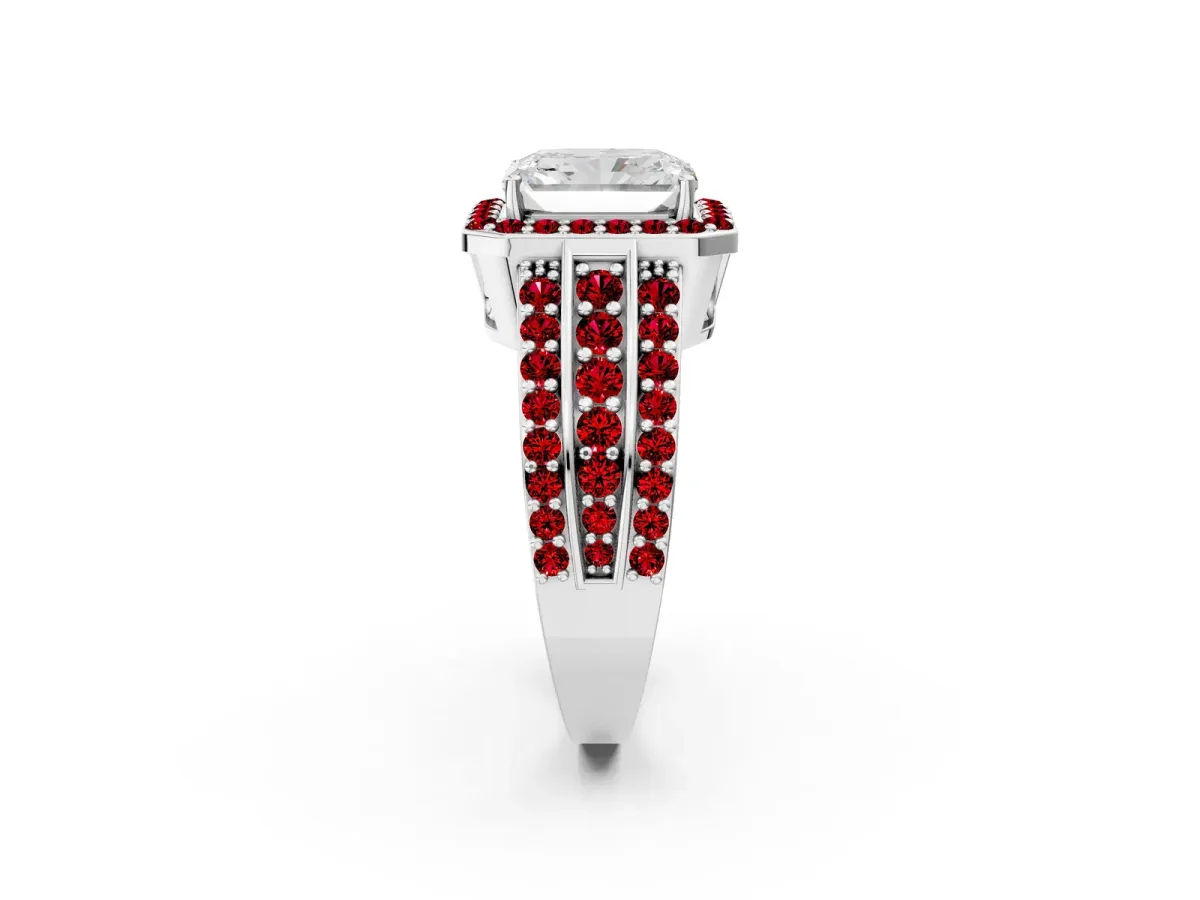 Radiant Cut Halo Diamond Ring with Round Ruby Split Shank and Prong Setting White gold