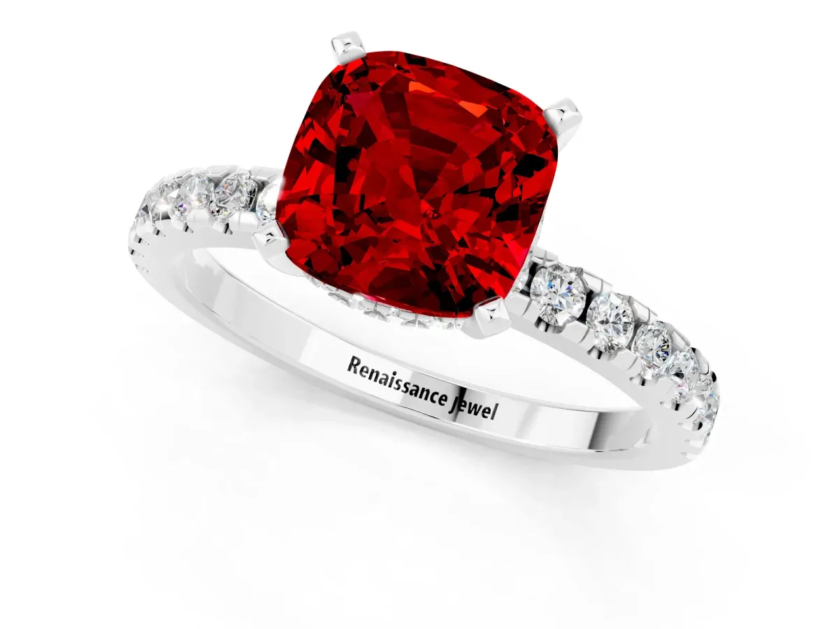 Cushion Cut Ruby Solitaire Ring with Round Pavé Band and Four-Prong Setting Silver