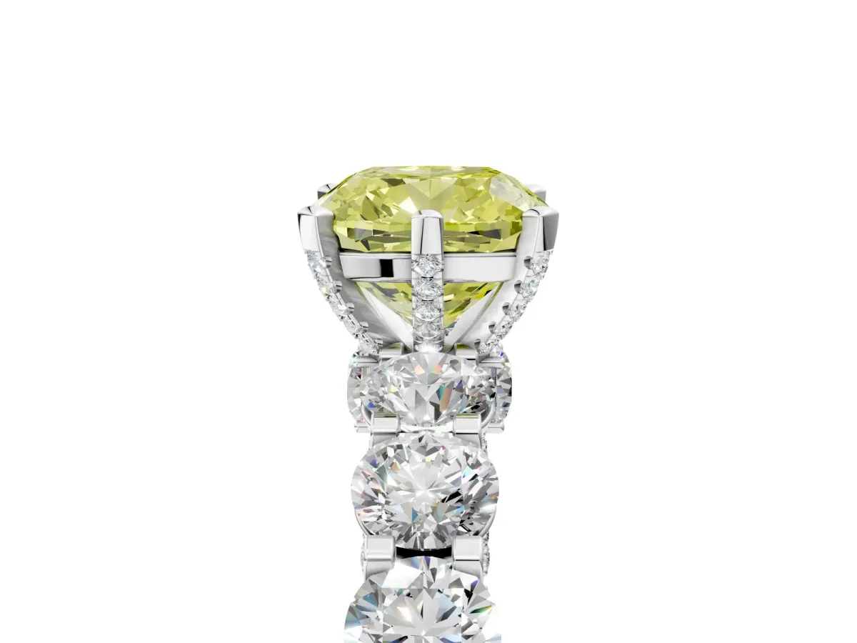 Fancy Yellow Cushion Cut Diamond Side Stone Engagement Ring with Four-Prong Setting White gold