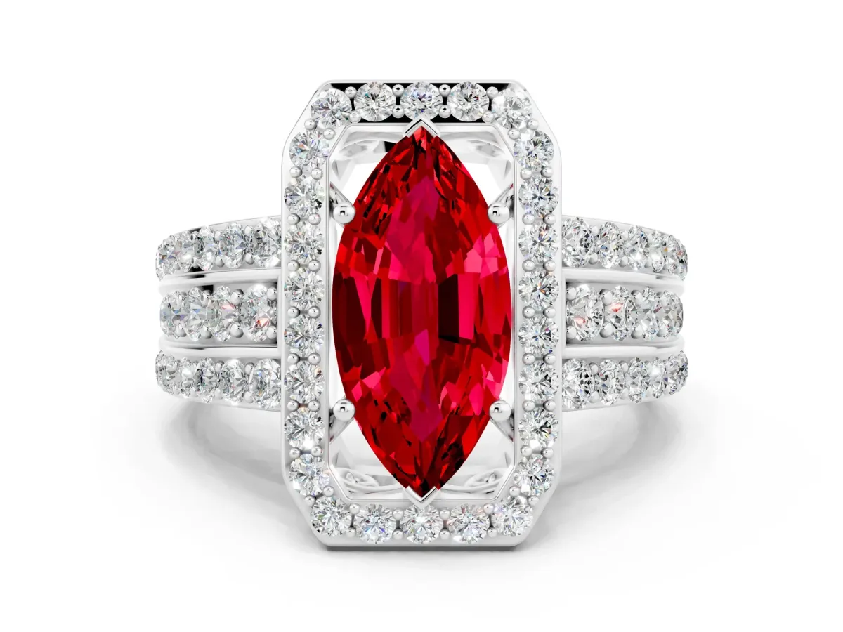 Marquise Cut Halo Ruby Ring with Round Split Shank and Prong Setting Platinum
