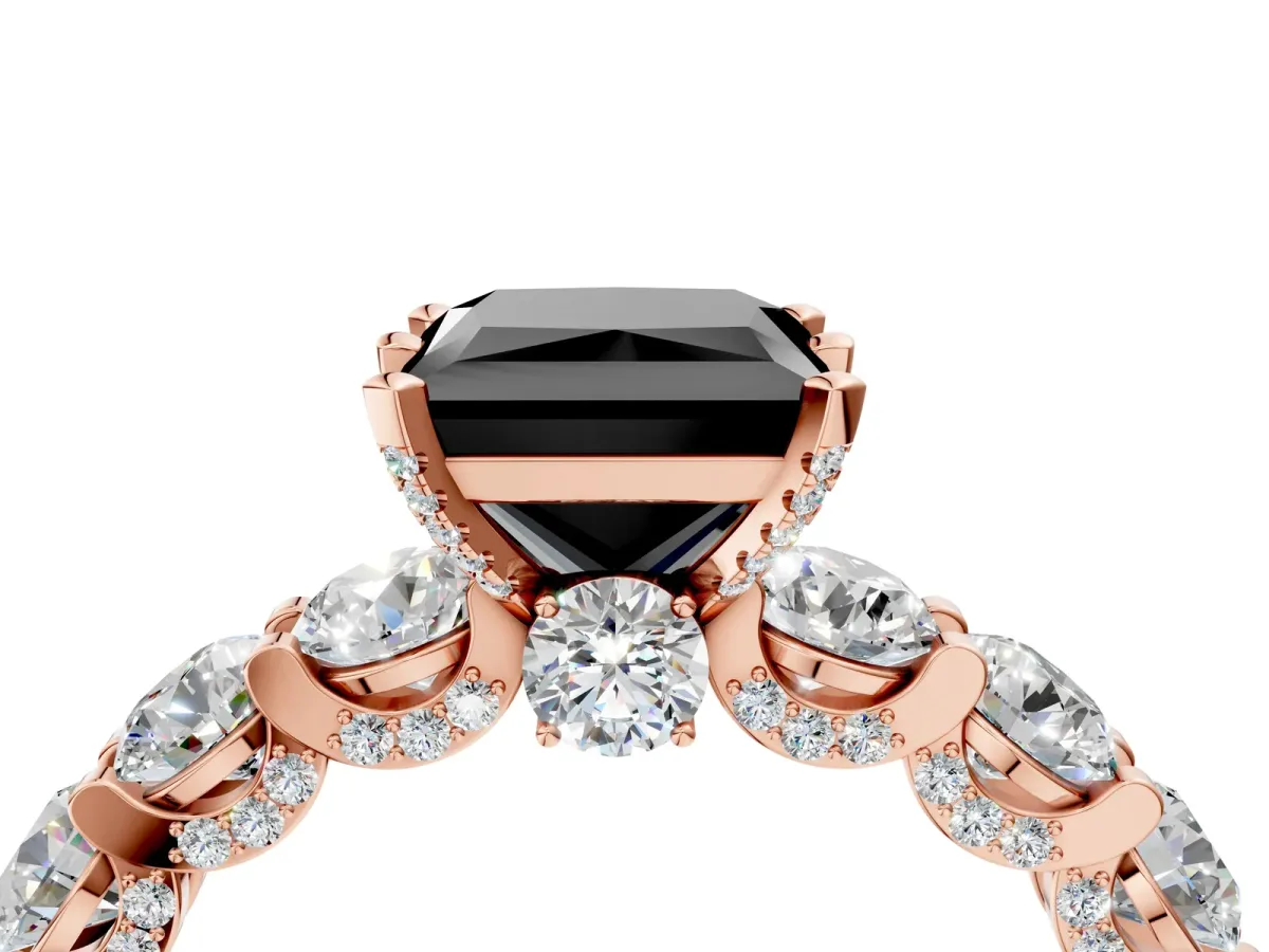 Fancy Black Princess Cut Diamond Side Stone Engagement Ring with Four-Prong Setting Rose gold