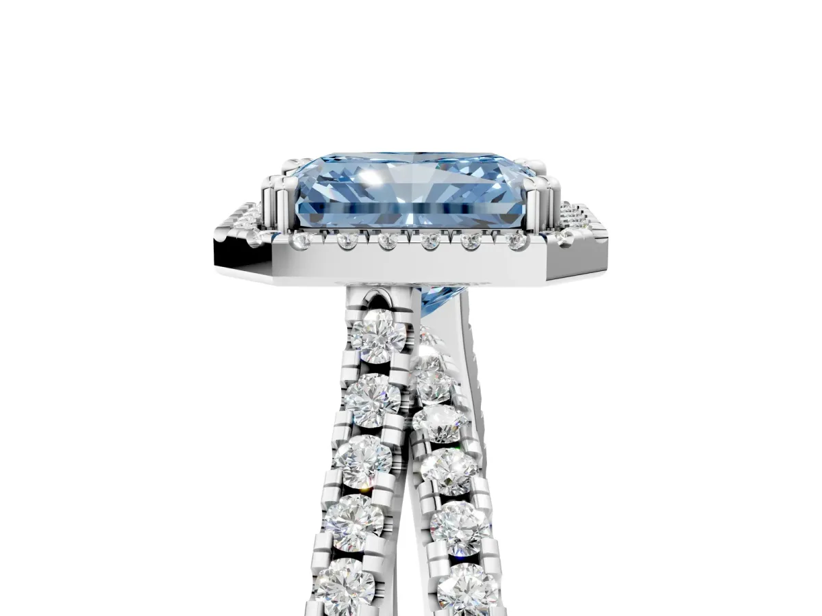 Fancy Blue Radiant Cut Halo Split Shank Diamond Ring with Pavé Setting Platinum
