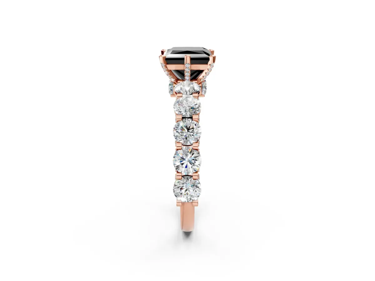 Fancy Black Princess Cut Diamond Side Stone Engagement Ring with Four-Prong Setting Rose gold