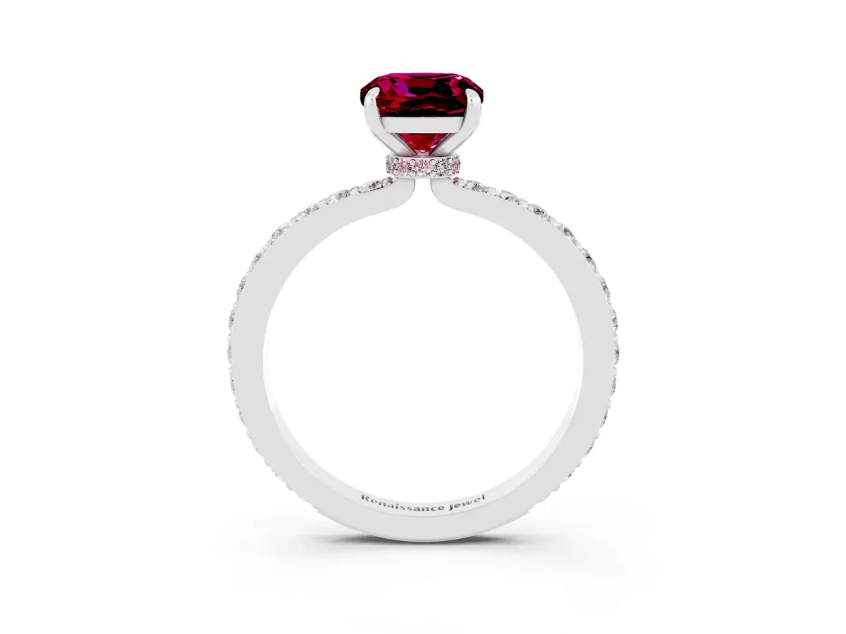 Cushion Cut Garnet Solitaire Engagement Ring with Pavé Band and Four-Prong Setting White gold