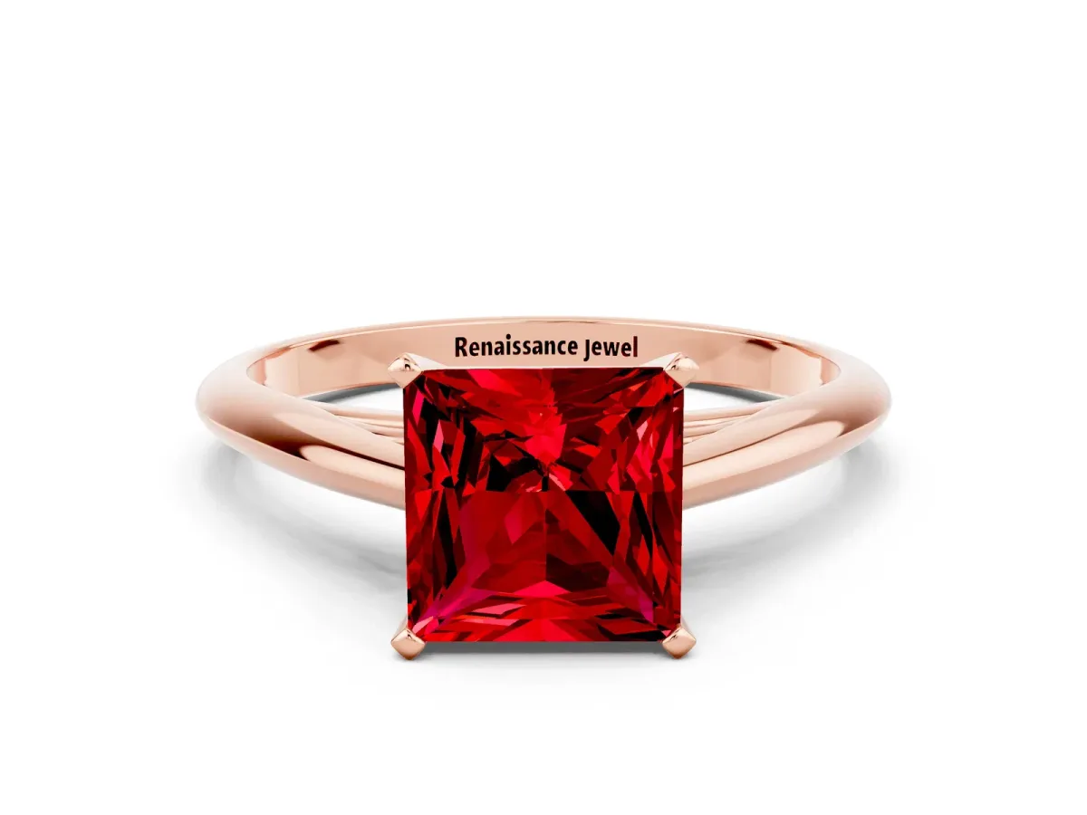 Princess Cut Ruby Solitaire Engagement Ring with Cathedral Setting and Four-Prong Mount Rose gold